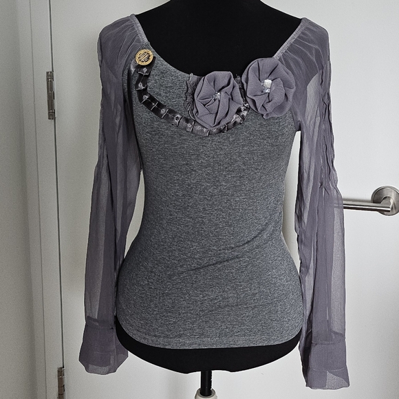 D&G Tops - Dolce & Gabanna Vintage Smoky Gray Bell Sleeve Top with Gold And Floral Accents